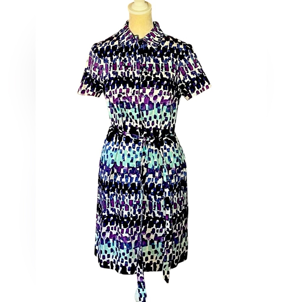 SHOSHANNA MULTI PATTERN BLUE, PURPLE, WHITE TIE WAIST SHORT SLEEVE MIDI DRESS 4